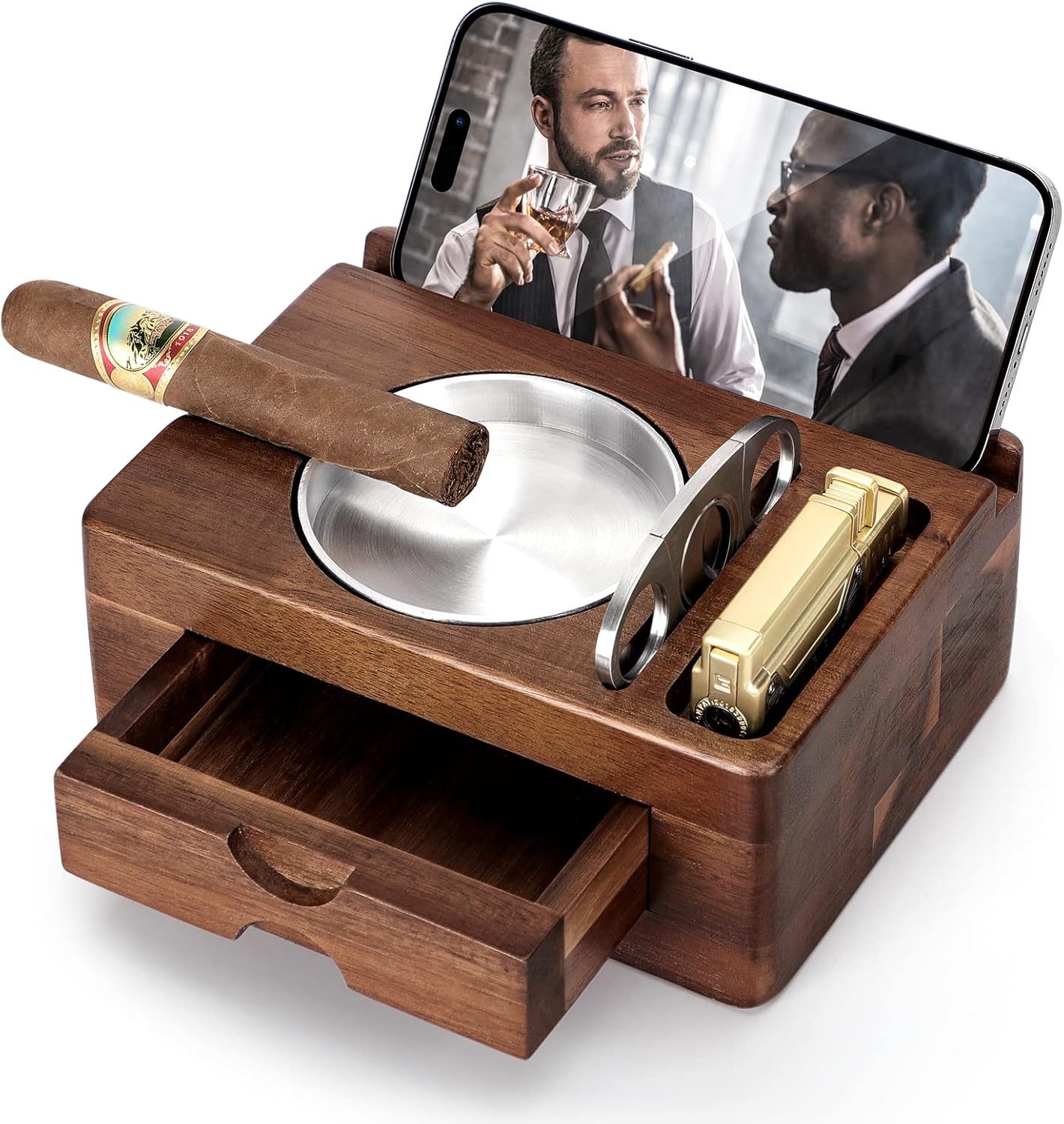 Tesonway Cigar Ashtray - Wooden Ashtray with Cigar Cutter, Phone/Tablet ...